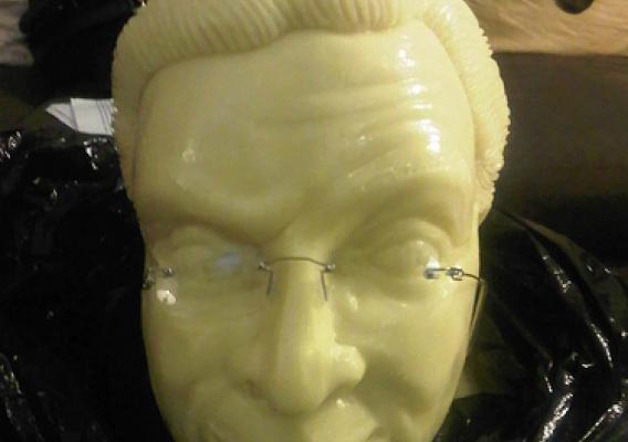 A bust of Stephen Colbert sculpted in cheddar from the largest organic dairy cooperative in the country. 