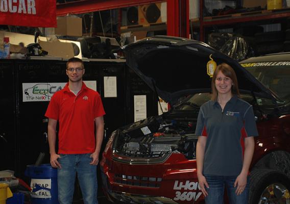 In the EcoCar photo are students Ryan Everett (master’s student, mechanical engineering) and Katherine Bovee (master’s student, mechanical engineering).