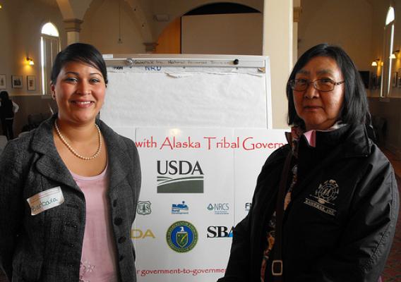 Rose Fosdick of Kawerak, inc. joins Barbara Blake from the Intertribal Agricultural Council at a recent tribal outreach meeting in Nome