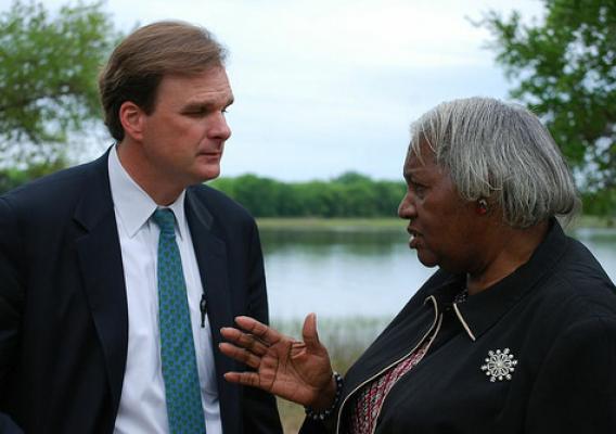 USDA Under Secretary Robert Bonnie listens to Mary Hill, a retired school superintendent and Center for Heirs’ Property Preservation Sustainable Forestry Program participant. Hill owns more than 80 acres of land and timber in Berkeley County adjacent to the Francis Marion National Forest. Forest Service photo.