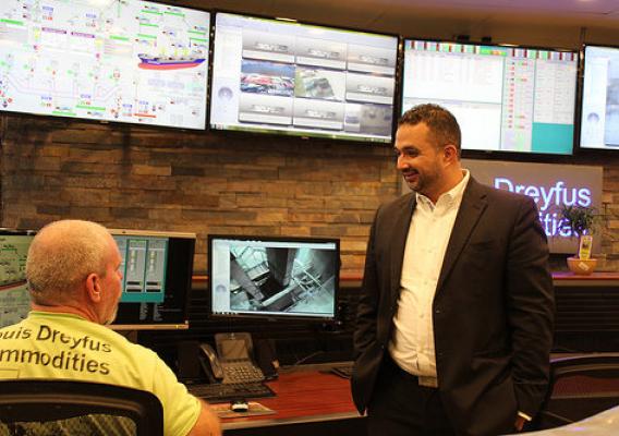 Deputy Undersecretary of Agriculture Elvis Cordova touring the newly renovated control room at the Louis Dreyfus elevator at the port of Houston