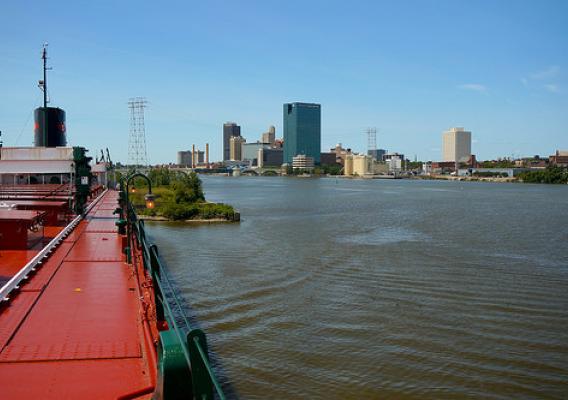 The Maumee River (shown here) flows into the Maumee Bay of Lake Erie at the city of Toledo, OH. USDA photo. 