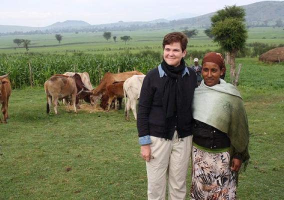 Agriculture Deputy Secretary Krysta Harden stands with dairy farm owner Ms. Yetemwork Tilahun on Tilahun’s farm near the city of Mojo, about 50 miles south of Addis Ababa, Ethopia on Aug. 28, 2014. USDA photo.