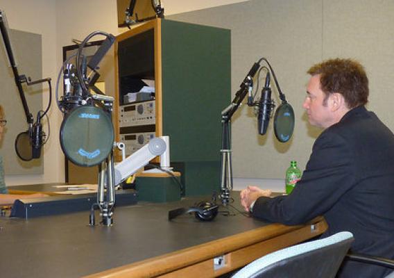 NRCS Assistant Chief Kirk Hanlin (right) conducts a radio interview with Abby Wendle, agriculture correspondent for Tri States Public Radio and Harvest Public Media, during a recent trip to Illinois. NRCS photo.