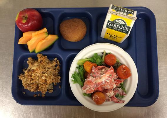 Mount Desert Elementary School’s menu featured fresh Maine lobster salad over organic baby greens with oven roasted tomatoes, locally grown apple crisp with cinnamon and raisins, a whole grain roll, and fruit.