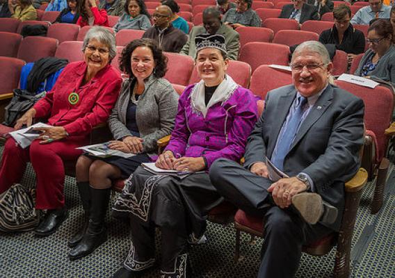 (Left to right) Educator and former government official Ada Deer, Rural Development’s Deputy Under Secretary Patrice Kunesh (Standing Rock Lakota), Office of Tribal Relations Director Leslie Wheelock (Oneida) and the Forest Service’s Deputy Under Secretary Butch Blazer (Mescalero Apache) at the USDA Native American Heritage Month observance at the Jefferson Auditorium at USDA. Photo by Bob Nichols.  