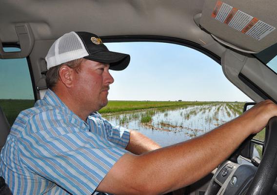 Private landowner Taylor Wilcox looks over flooded fallow rice fields on his Chambers County, Texas property. NRCS photo.