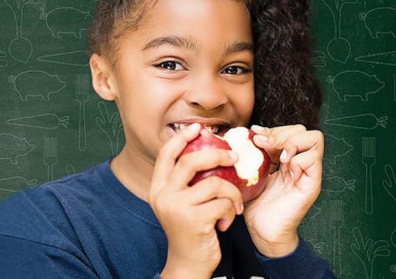 A girl eating an apple on the Procuring Local Foods for Child Nutrition Programs poster