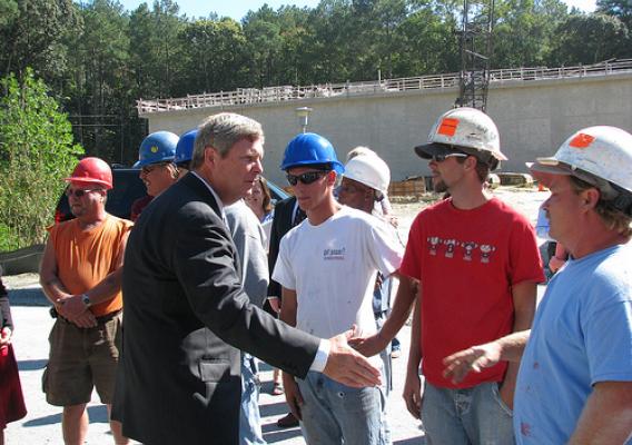 Secretary Vilsack meets with construction workers in Berlin, Maryland.  The town was able to build a new water treatment plant with funds made available through the American Recovery and Reinvestment Act.