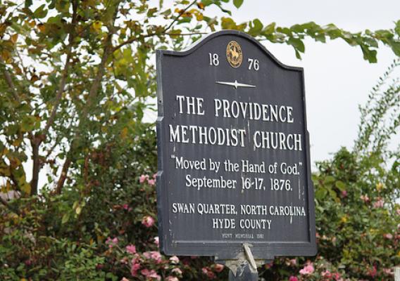 U.S. Historical Marker for Methodist church in Swan Quarter.