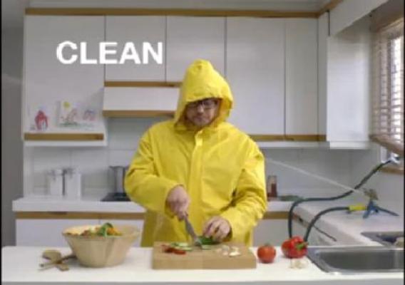 The Food Safe Families campaign uses humorous public service announcements to capture the public’s attention about a very serious subject. The “clean” PSA reminds consumers to clean kitchen surfaces, utensils, and hands with soapy water.