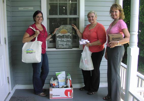 Emily Clever, Morningside Shelter Case Manager, Deborah Boyd, RD Specialist, and Laura Gibson, co-chair of the Vermont RD Feds Feed Families campaign, deliver food donations to the Morningside Shelter in Vermont.