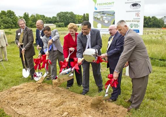 Groundbreaking at the Fremont, Michigan, Community Digester.  From left:  City of Fremont Mayor James Rynberg, Rob Zeldenrust of North Central Co-Op, Arvin Shah of INDUS Energy, U.S. Sen. Debbie Stabenow,  NOVI Energy President Anand Gangadharan, USDA Rural Development State Director for Michigan James J. Turner, and state Rep. Jon Bumstead.