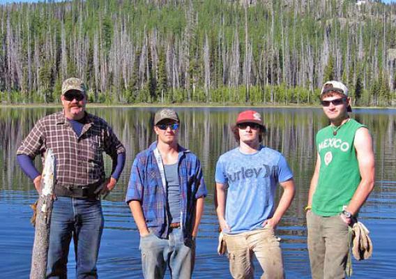 Baker City, Ore., July 2011. Hitting the trail with the Trail Crew. From left to right: Todd Robinette, Cody Powell, Nathan Tanaka and Andrew Livingston.