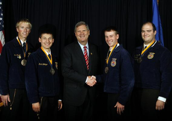Agriculture Secretary Tom Vilsack center with FFA award winners at the 84th Annual National Convention of the FFA on Thursday, Oct. 22, 2011, in Indianapolis, IN. Photo courtesy FFA. 