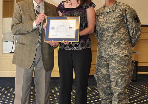 Left to right, retired Maj. Gen. Daniel F. Hitchcock, Patriot Award recipient Lisa Rice, and 1st Lt. Lorrie Lanham, NRCS Business Management Leaders Program (BMLP) trainee.