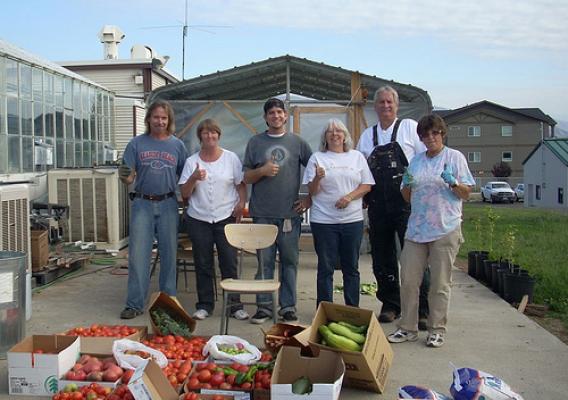 Members of the Wenatchee Lab’s People’s Garden team—Sid Tate, volunteer; Debbie Larson, volunteer; Taylor Millican, volunteer; Anne Conway, employee; Charles Carmody, employee; and Devi Davis, volunteer—proudly showcase produce harvested from the garden on August 12, 2011. The produce pictured here was donated to Wenatchee’s Veteran’s Stand-Down, an event where community members reach out to veterans in need and their families. (U.S. Forest Service, PNW Research Station)