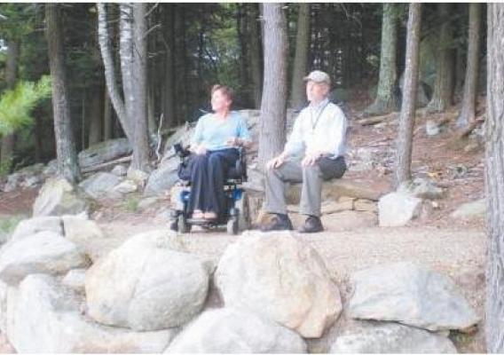Forest Service National Accessibility Program Manager Janet Zeller with Michael Redman, CEO of the Crotched Mt. Foundation on Crotched Mountain in New Hampshire.