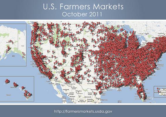 A map plotting the updated locations of U.S. Farmers Markets.  Geocode data is now available for over 6,200 markets.