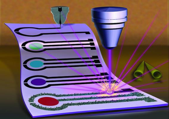 Artist conception of the creation of a biosensor that is created with graphene ink