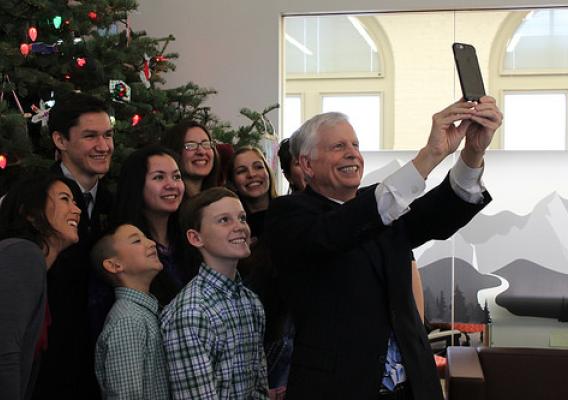Chugach Children’s Forest alumni and their mentors taking a selfie with U.S. Forest Service Chief Tom Tidwell