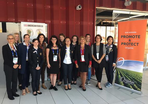 AMS Administrator Anne Alonzo (first row, third from right) with panelists and Expo Ambassadors at the "Women Leading the Organic Way" panel at the USA Pavilion at the Expo Milano 2015