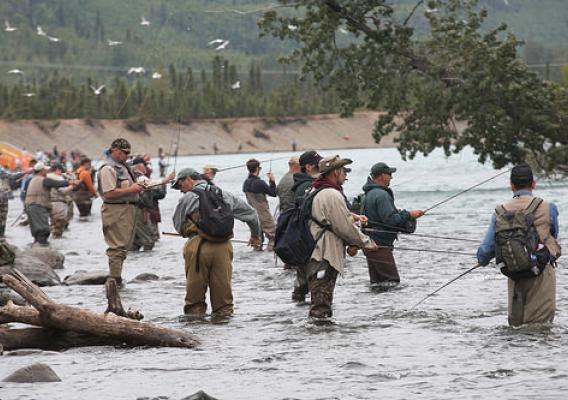 Fishermen on a backwater channel of the Kenai River