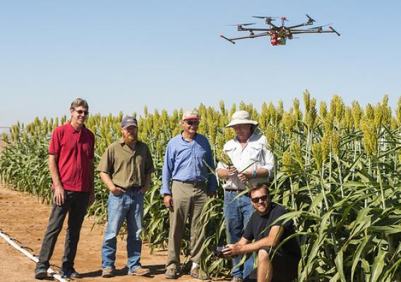 A team of researchers with an unmanned aerial system