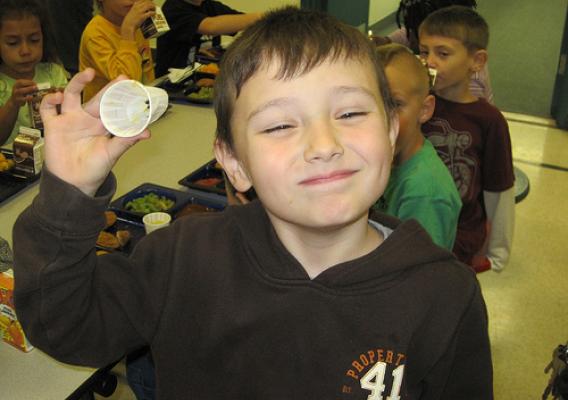 A Monroe County elementary school student displays nothing but smiles after participating in a MOGO taste test. 