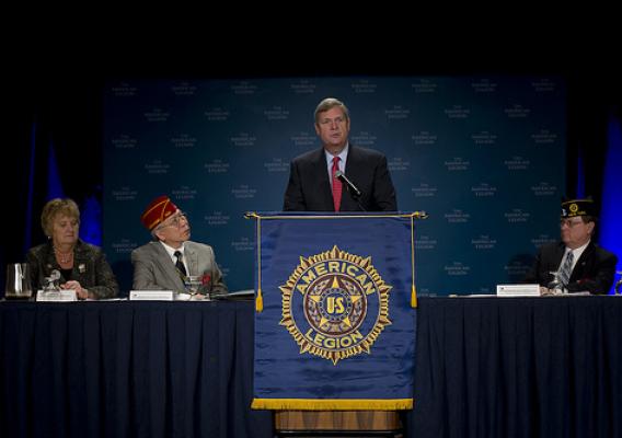 U.S. Secretary of Agriculture Tom Vilsack speaks to the American Legion prior to signing  a memorandum of understanding with the American Legion which will help our Nation's veterans and transitioning military service members find positions that promote agriculture, animal and plant health, food safety, nutrition, conservation and rural communities at the Washington Hilton in Washington, D.C., on Tuesday February 28, 2012.   USDA Photo by Johnny Bivera.