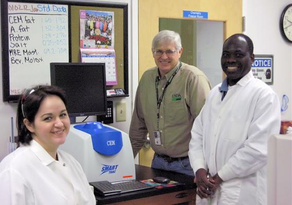 “I personally find the samples with human impact most interesting,” says Lauren Shoemaker, pictured here with, Jonathan Barber (middle) and Dr. Kouassi Dje (right).  Food chemists at USDA’s National Science Lab help monitor the quality and wholesomeness of the foods we eat.