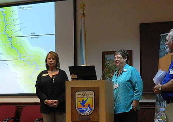 Pictured L-R: Iowa Area Director Theresa Jordison; Nebraska State Director Maxine Moul; and Missouri Community Development Specialist John Gulick talking about Federal resources available for the ongoing flood recovery effort.