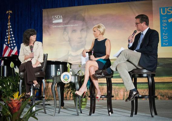 From left: Jessica Shahin, Associate Administrator, Supplemental Nutrition Assistance Program (SNAP), Mika Brzezinski and Former Congressman Joe Scarborough (R-Fla.) hosts of MSNBC’s “Morning Joe and Masters of Ceremony  listen to Shahin explain the emergency food assistance provided to survivors of Hurricane Katrina at the United States Department of Agriculture's 150th Anniversary celebration in Washington, D.C., on Tuesday, May 15, 2012. USDA photo by Bob Nichols.