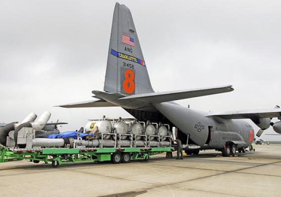 A Modular Airborne Firefighting unit is loaded aboard a North Carolina Air National Guard C-130. US Air Force photo.