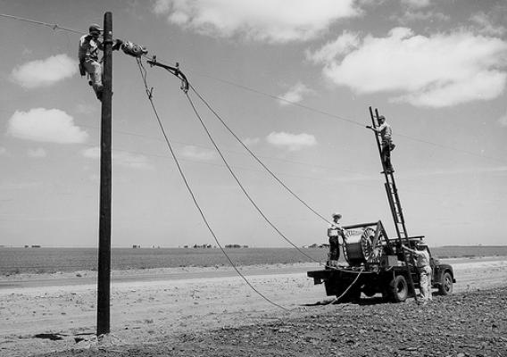 Rural Electrification Administration (REA) erects telephone lines in rural areas.