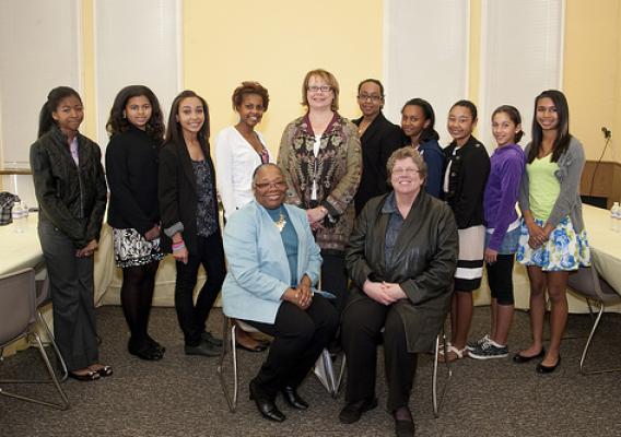 Students in the Schmahl Science Workshop and the Greene Scholars Program recently discussed their research projects with Deputy Under Secretary Ann Bartuska, pictured here (center) with Gloria Whitaker-Daniels (left), and Belinda Lowe-Schmahl (right)” (Photo Credit:  Belinda Lowe-Schmahl)