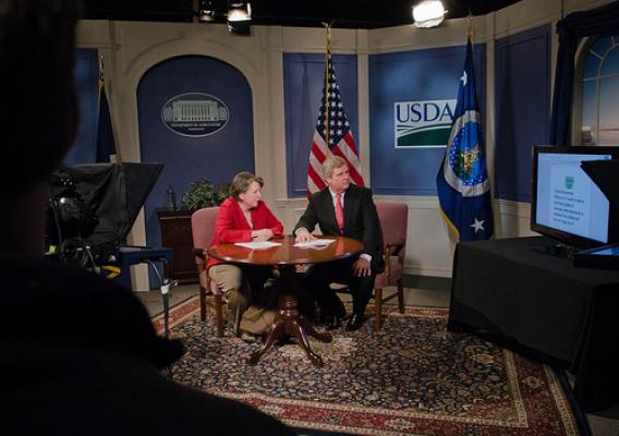 Agriculture Secretary Tom Vilsack and Agriculture Deputy Secretary Kathleen Merrigan received a question via twitter message while in the USDA TV studio, during the unveiling of the Know Your Farmer, Know Your Food (KYF) Compass, an interactive web-based document and map highlighting USDA support for local and regional food projects and successful producer, business and community case studies. While hosting a live webinar to highlight USDA's work over the past three years, the Secretaries emphasized how loc