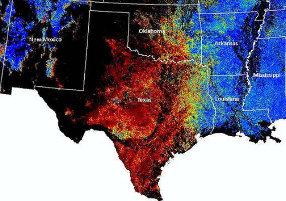 ForWarn maps normal forest conditions as blue and change from normal as shades that range from green to red. This map shows that the greater part of Texas and Oklahoma were experiencing severe forest stress in late September of 2011 from the effects of drought and wildfire. 