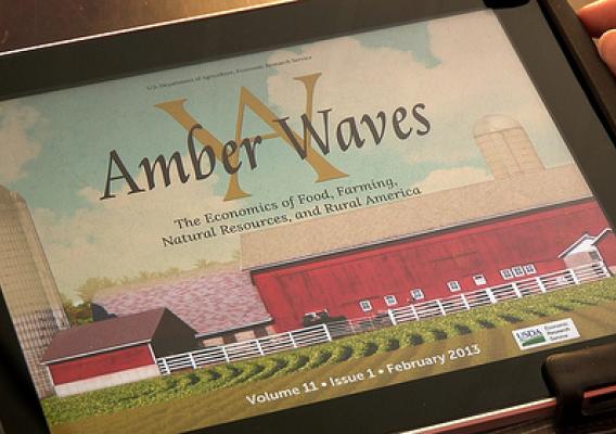 The Amber Waves mobile app on an iPad with its cover displaying Volume 11, Issue 1, February 2013, "The Economics of Food, Farming, Natural Resources, and Rural America".
