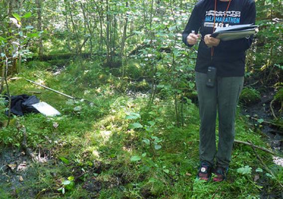 Earth Team volunteer Meghan Zenner assisted NRCS soil scientists with taking soil samples in a remote forest in Minnesota. Photo from NRCS.