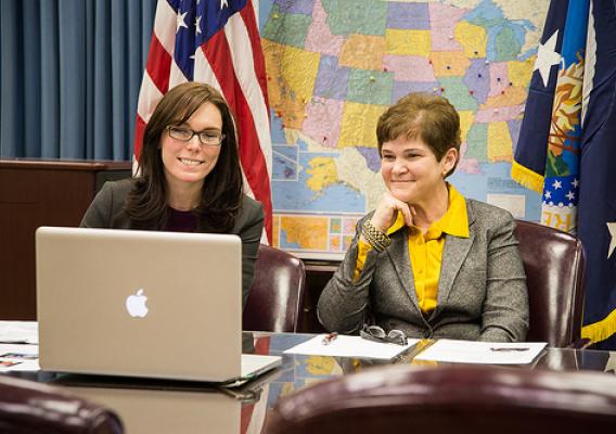 U.S. Department of Agriculture (USDA) New and Beginning Farmer and Rancher Program Coordinator Lilia McFarland and Agriculture Deputy Secretary Krysta Harden host a Google Hangout on the USDA's commitment to new farmers to build the new generation of agriculture with farmers in Washington, D.C. on Monday, Feb. 24, 2014. Aledo, IL corn and soybean farmer Kate Danner, Alejandro Tecum, of Adelante Agricultura, and Annemarie Garcia of Adelante Mujeres, participated online in the discussion. USDA Photo Bob Nicho