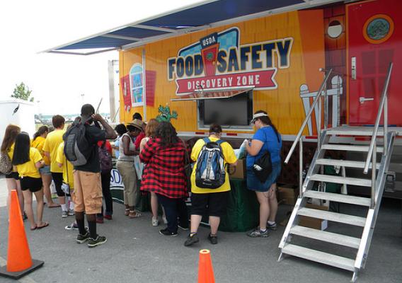 US Department of Agriculture’s mobile Discovery Zone is a hands-on vehicle that travels the nation educating children and parents about the four main principals of home food safety – clean, separate, cook and chill.  For more information see www.fsis.usda.gov/foodsafetymobile/