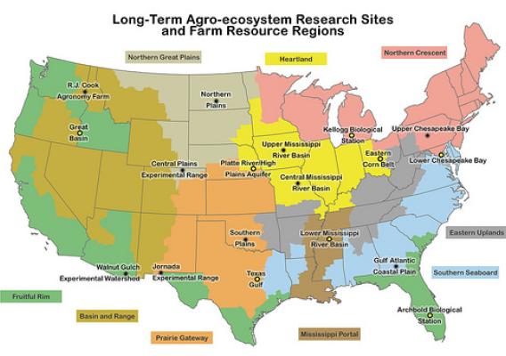 Map of USDA’s Long-Term Agro-ecosystem Research (LTAR) sites and farm resource regions.