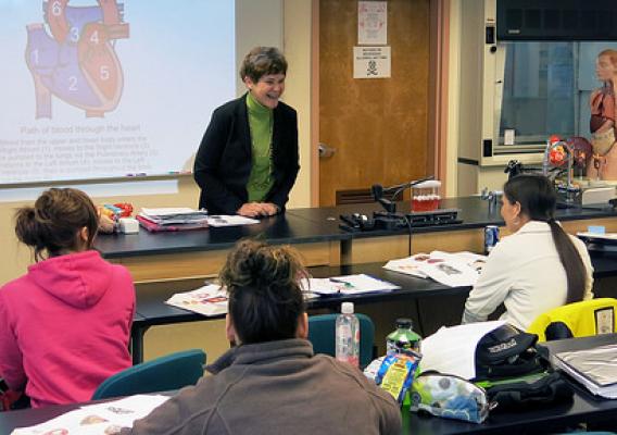 Agriculture Deputy Krysta Harden speaks to a Menominee Tribal biology class in Green Bay, WI on Tuesday, Apr. 15, 2014. USDA photo. 