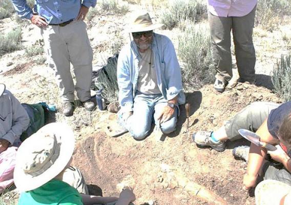 Tom Ludwig sits smiling about his discovery among other U.S. Forest Service Passport in Time volunteers while unearthing the 31 inch Triceratops horn core  continues. (U.S. Forest Service)