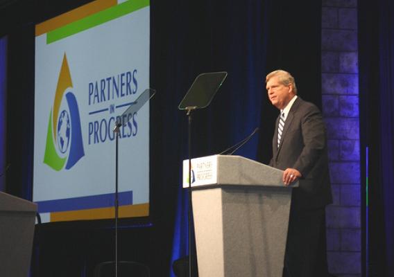 Agriculture Secretary Tom Vilsack addresses dairy producers at the National Milk Producers Federation annual meeting in Dallas, Texas on Oct. 29, 2014