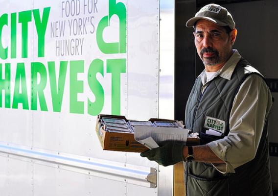 City Harvest rescues excess food using a fleet of 19 refrigerated trucks, three cargo bikes, over 150 full-time employees, and more than 8,000 volunteers. In fiscal year 2015, they will collect 50 million pounds of food, greater than the total amount of food collected in its first 14 years combined. Seventy-five percent of this total will be comprised of nutrient dense foods, including fresh produce, meat and dairy. Photo courtesy of City Harvest.