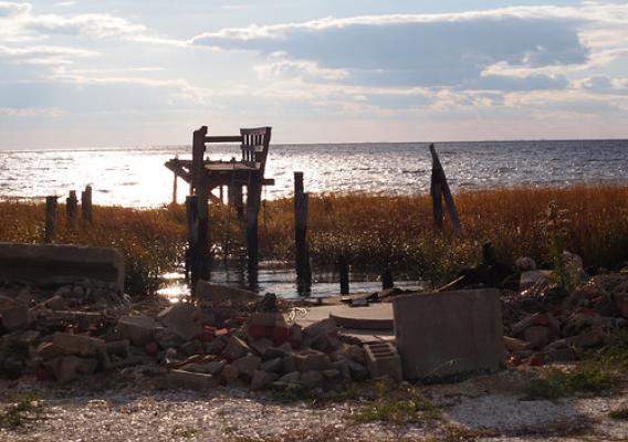 Only the dock remains from a Bay Point, New Jersey residence after Hurricane Sandy hit.