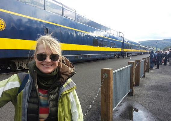 Katie Armstrong prepares to board the Glacier Discovery Train operated in partnership by the U.S. Forest Service and the Alaska Railroad. (Courtesy Katie Armstrong)