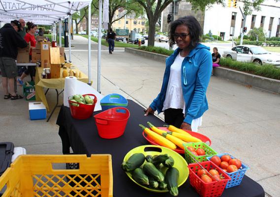 Cynthia Brathwaite a loyal customer attends Wayne State University Market Day to purchase D-Town Farm’s fresh produce. 